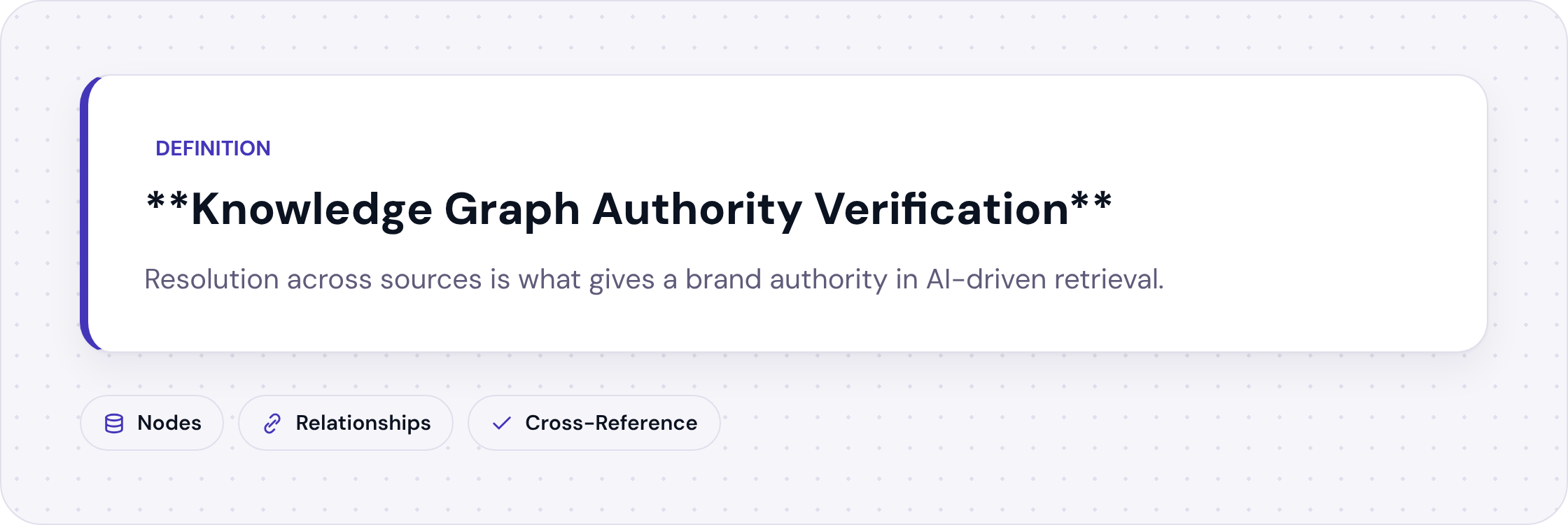 Definition of knowledge graph authority verification with nodes, relationships, and cross-reference components