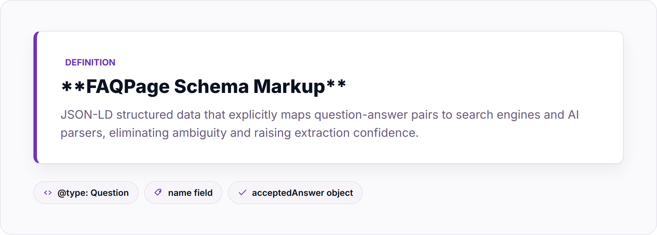 Three required fields in FAQPage schema: @type, name, acceptedAnswer